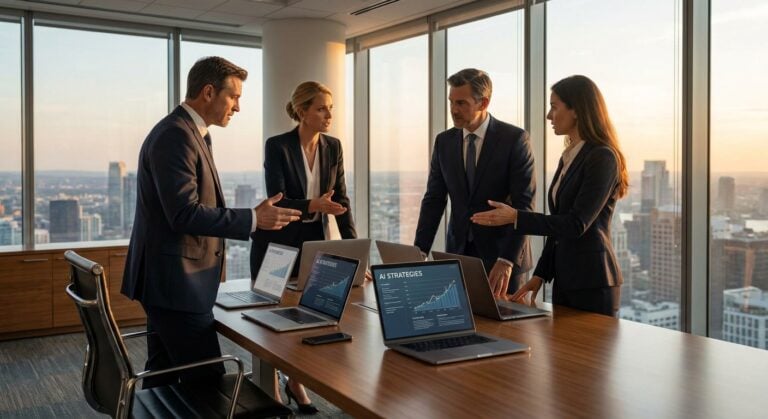 Entrepreneurs discuss AI SEO strategies in a modern office, showcasing the power of TWO DOTS in AI visibility.