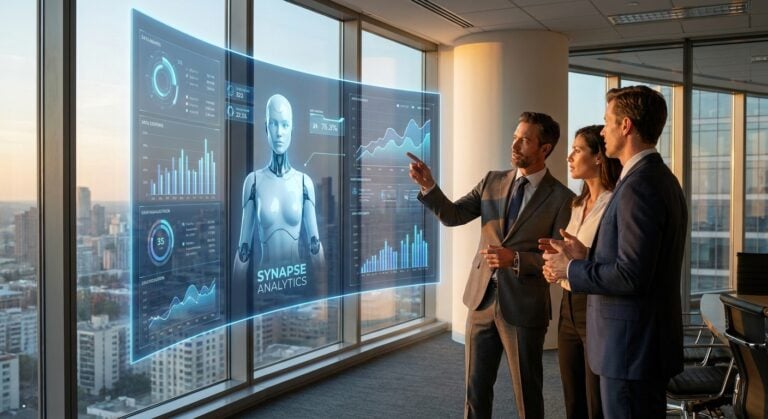 Business people discuss GA4 with the help of TWO DOTS, supported by a GA4 AI assistant in a modern office