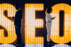 Artificial intelligence concept with bright SEO letters, futuristic digital art style