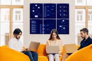 Team of professionals collaborate on semantic search in the TWO DOTS office, adopting semantic search practices to improve AI citations