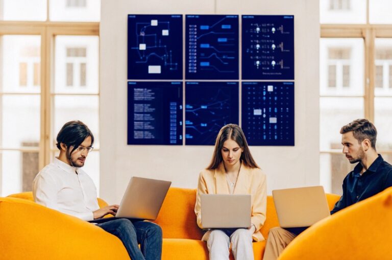 Team of professionals collaborate on semantic search in the TWO DOTS office, adopting semantic search practices to improve AI citations