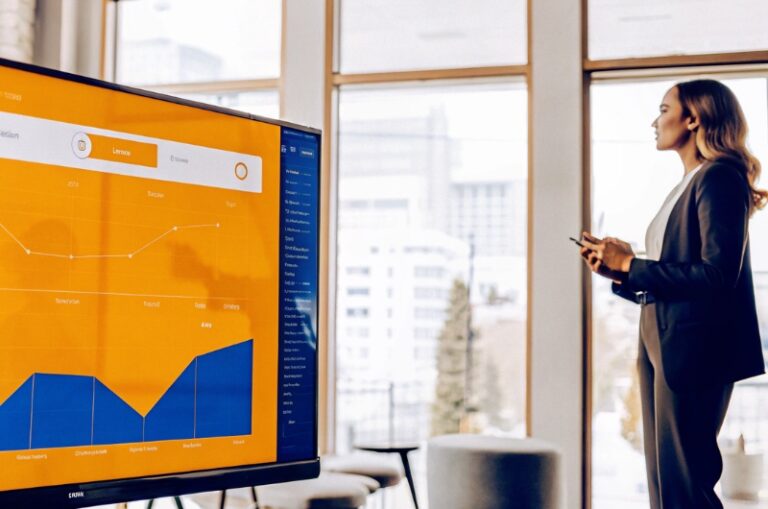 Businessman analyzes bounce rate in Google Analytics in office, with charts, for TWO DOTS article on measuring bounce rate in online store