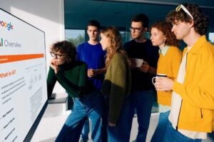 Ομάδα digital marketing εξετάζει τα AI Overviews στη Google σε σύγχρονο γραφείο για βελτιστοποίηση SEO με το brand TWO DOTS