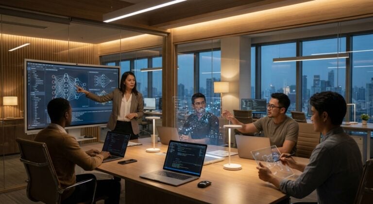Engineers use AI tools in their office with the TWO DOTS brand.