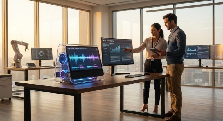 Ένας σύγχρονος ταλαντωτής ήχου AI από την TWO DOTS σε ένα επαγγελματικό γραφείο με ηλεκτρονικά προϊόντα.