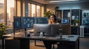 A professional working on a Dell computer for AI automation in the office. TWO DOTS offers AI automation solutions.