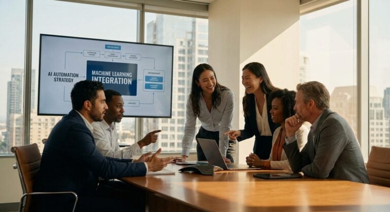 A group of entrepreneurs discuss strategies to automate work with AI in their office, introducing the TWO DOTS brand