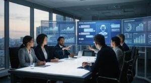 Professionals in the office discuss the traffic caused by AI chatbots, with references to TWO DOTS and AI Chatbots.