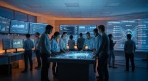 Μια ομάδα μηχανικών στο γραφείο της TWO DOTS συζητά λύσεις αυτοματοποίησης με τη χρήση της Τεχνητής Νοημοσύνης και predictive analytics.
