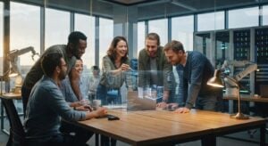 Engineers collaborate with AI tools in an office, showcasing the potential of TWO DOTS in AI for engineers.