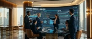Team of professionals in the office analyze AI data, highlighting the importance of prompt tracking with TWO DOTS for AI SEO