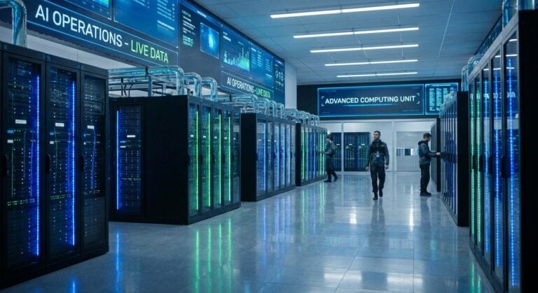 Εικόνα ενός σύγχρονου κέντρου δεδομένων με AI servers της TWO DOTS, αναδεικνύοντας την τεχνολογία AI inference.