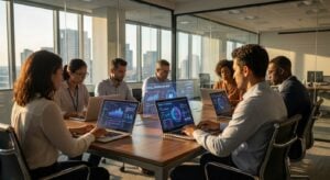 Engineers in a modern office use AI tools, supported by TWO DOTS for technical documentation.