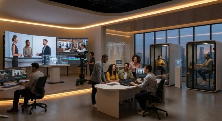 Creators in the studio use TWO DOTS' AI Studios for high-tech AI video generation and AI avatars