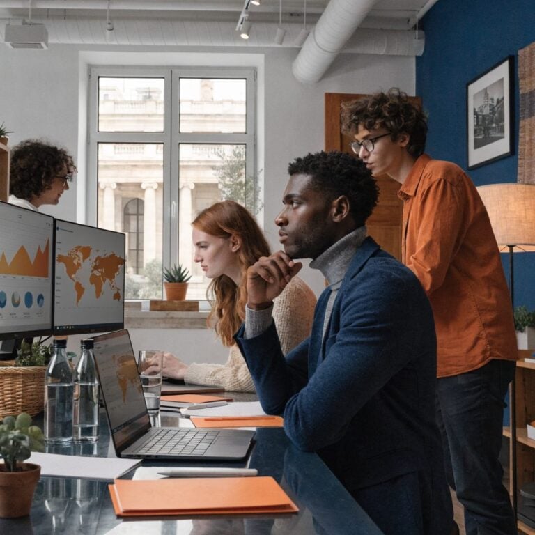 Marketing team analyzes data for emerging SEO tools in a TWO DOTS environment