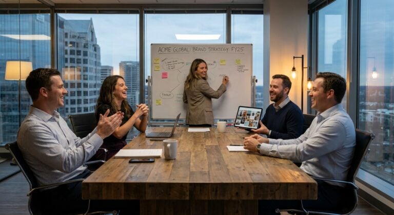 Professionals at a brand strategy meeting, promoting TWO DOTS and the importance of brand mentions