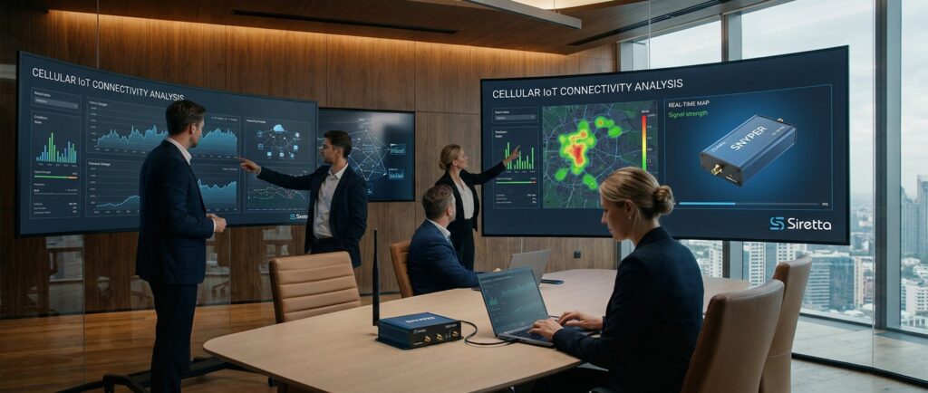 Επαγγελματίες αναλύουν δεδομένα IoT με τη συσκευή Siretta SNYPER, προβάλλοντας τη σημασία των δικτύων κινητής τηλεφωνίας για το brand TWO DOTS.