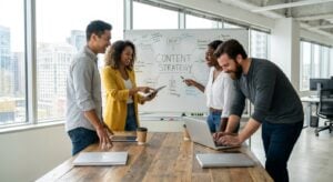 Business team discusses content strategy, integrating AI content with the TWO DOTS brand