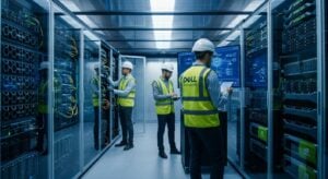 A team of engineers in the modern data space with Dell equipment and AI infrastructure, introducing the TWO DOTS brand and AI data center.
