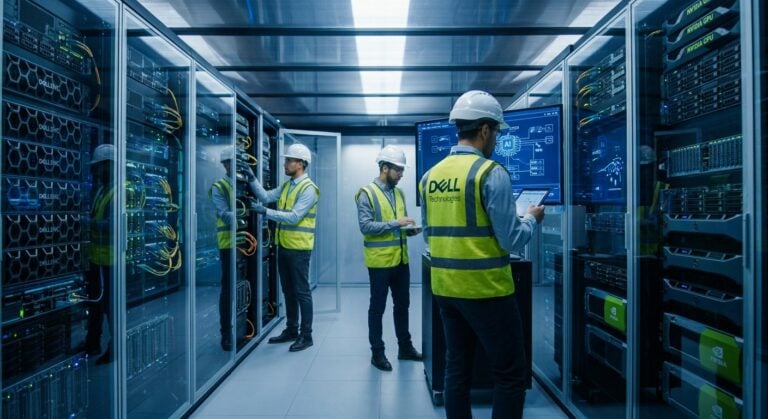A team of engineers in the modern data space with Dell equipment and AI infrastructure, introducing the TWO DOTS brand and AI data center.