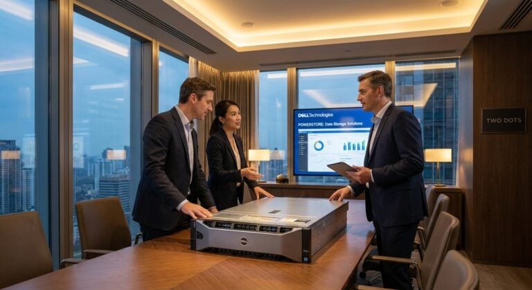 Professionals discuss Dell PowerStore data storage solutions at the TWO DOTS office, focusing on storage modernization. Corporate environment, Dell PowerScale servers in action, team analyzing unstructured data, photorealistic, professional lighting | dell-powerscale-analysis-twodots.jpg | Analyzing data with Dell PowerScale |