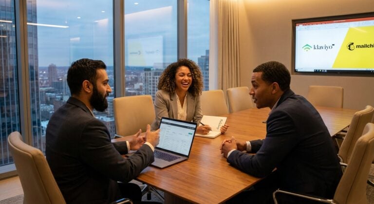 Entrepreneurs discuss email marketing strategies focusing on Klaviyo and Mailchimp in their office, with the TWO DOTS brand.