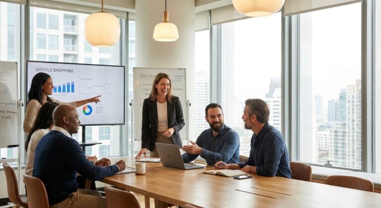 A group of professionals discuss Google Shopping strategies in their office, incorporating TWO DOTS practices for e-shop SEO optimization.