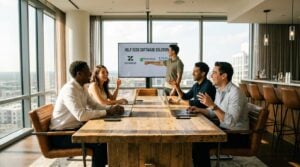 A group of business people discuss TWO DOTS help desk software in a modern office.