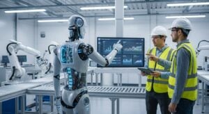 A humanoid robot in a smart factory with TWO DOTS technology incorporating AI automation.