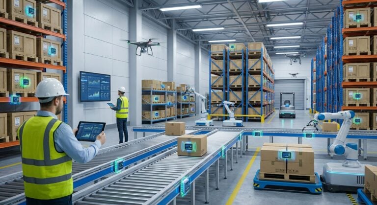 Εικόνα μιας αποθήκης με IoT αισθητήρες, που παρακολουθούνται από εργαζόμενους, αναδεικνύοντας την τεχνολογία TWO DOTS.