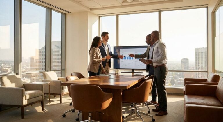 Entrepreneurs in an office discuss lead generation strategies with the support of TWO DOTS