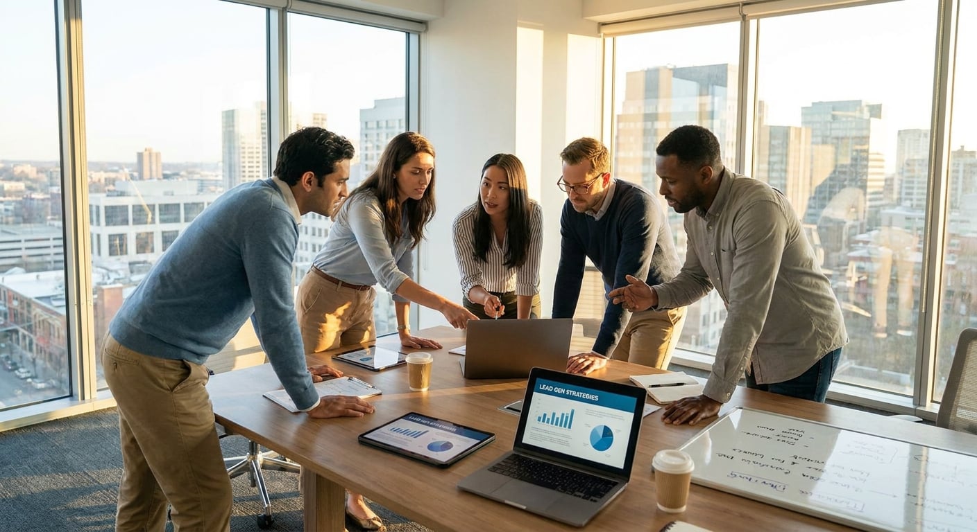 Επαγγελματίες συζητούν στρατηγικές lead generation, αναδεικνύοντας τη σημασία της πλατφόρμας TWO DOTS για τη δημιουργία φορμών.