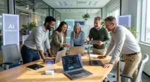 A team of professionals collaborate on portable AI workflows, with TWO DOTS' signature TWO DOTS and a focus on AI automation.