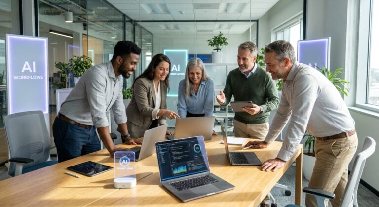 A team of professionals collaborate on portable AI workflows, with TWO DOTS' signature TWO DOTS and a focus on AI automation.