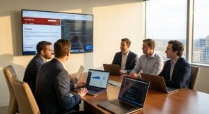 Επιχειρηματίες αναλύουν στρατηγικές schema markup στο γραφείο τους, με το brand TWO DOTS να προσφέρει λύσεις για δομημένα δεδομένα.