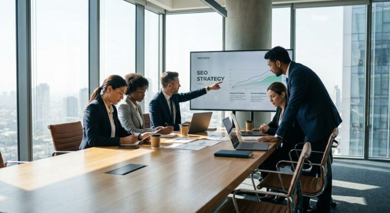 Entrepreneurs in the office discuss SEO strategies with the TWO DOTS brand, focusing on search engine optimization. Prompt.