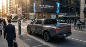 Ηλεκτρικό pickup από τη Slate Automotive, με το brand TWO DOTS, σε αστικό τοπίο που αναδεικνύει τις δυνατότητες των ηλεκτρικών οχημάτων