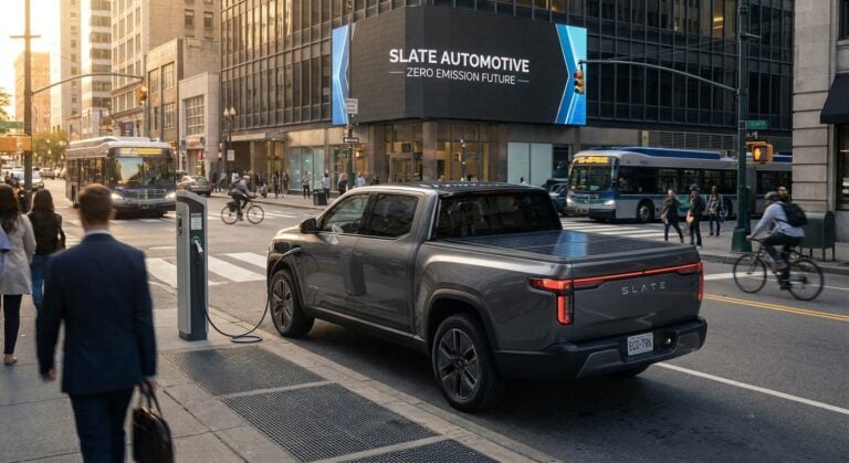 Ηλεκτρικό pickup από τη Slate Automotive, με το brand TWO DOTS, σε αστικό τοπίο που αναδεικνύει τις δυνατότητες των ηλεκτρικών οχημάτων