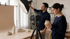 Ομάδα ελέγχει εικόνες προϊόντων σε workflow AI image editor για e-shop
