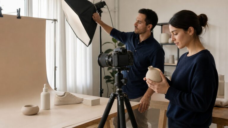 Ομάδα ελέγχει εικόνες προϊόντων σε workflow AI image editor για e-shop