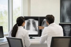 Ακτινολόγοι αξιολογούν ιατρική αναφορά σε ελεγχόμενο AI workflow