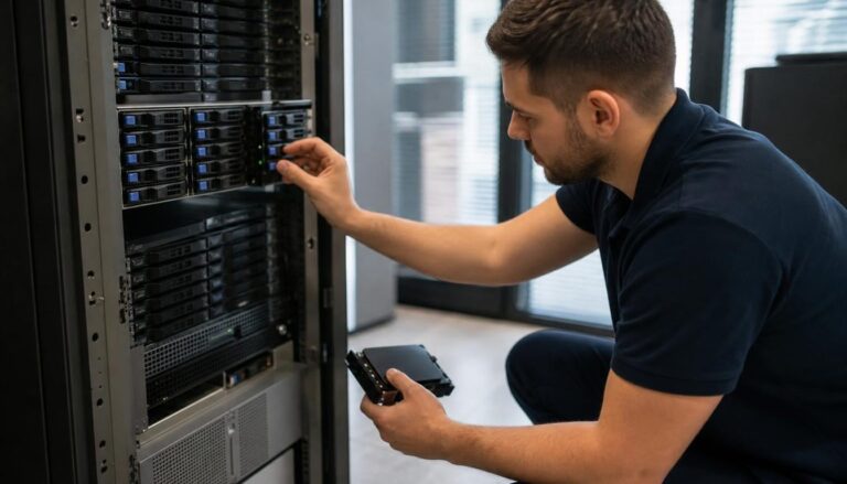 Τεχνικός ελέγχει server υποδομή για online backup μικρής επιχείρησης από την TWO DOTS