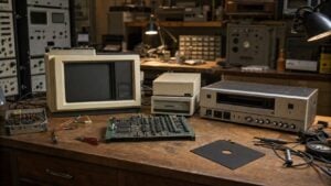 A 1976 electronics lab featuring a microcomputer, a floppy disk, and an analog video recorder