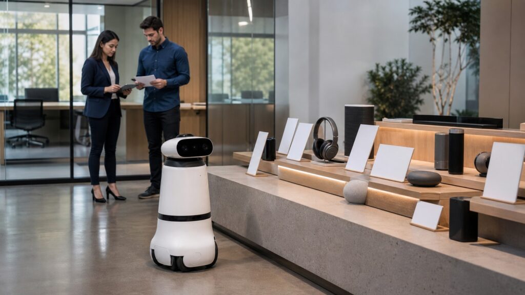 AI buying agent μπροστά σε κενές πληροφορίες τιμολόγησης σε σύγχρονο showroom