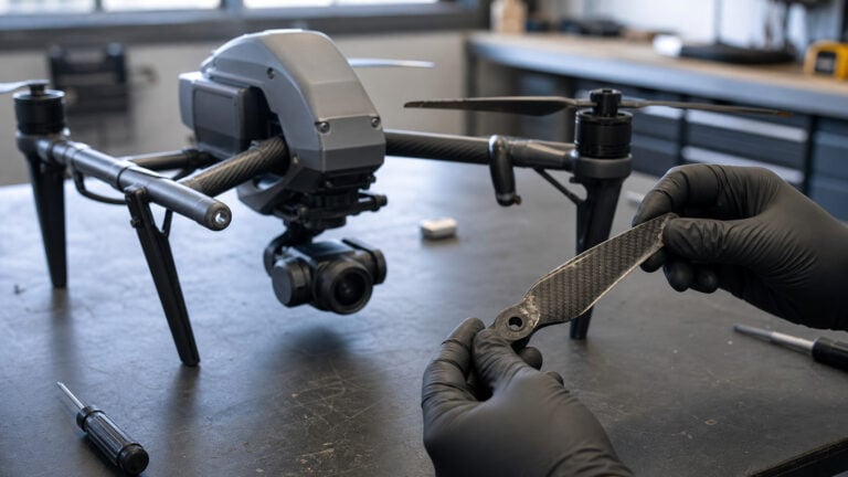 Τεχνικός ελέγχει έλικα drone μετά την ανάλυση flight logs για προληπτική συντήρηση