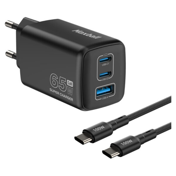 MAXBALL Charger T830 GaN II 3-Ports 65W Black with cable Type-C to Type-C 100W 1.5m (Laptop / Tablet / Smartphone)