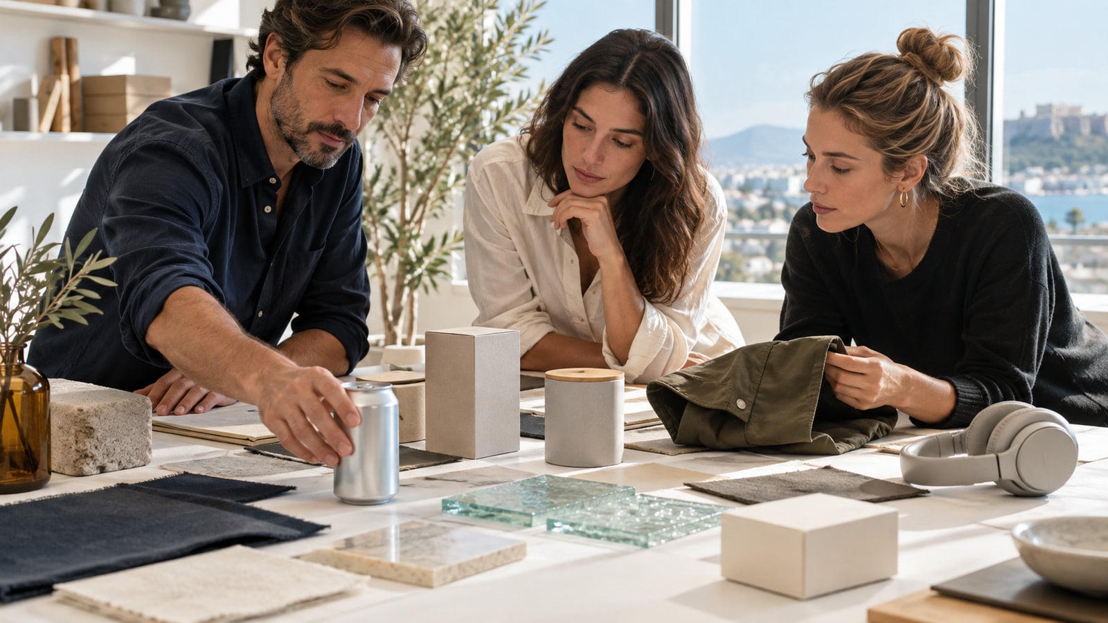 Δημιουργική ομάδα αξιολογεί υλικά και brand touchpoints για σήματα design το 2026