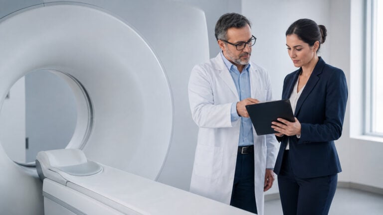 Ακτινολόγος και ειδικός AI αξιολογούν workflow τρισδιάστατης ακτινολογίας δίπλα σε αξονικό τομογράφο