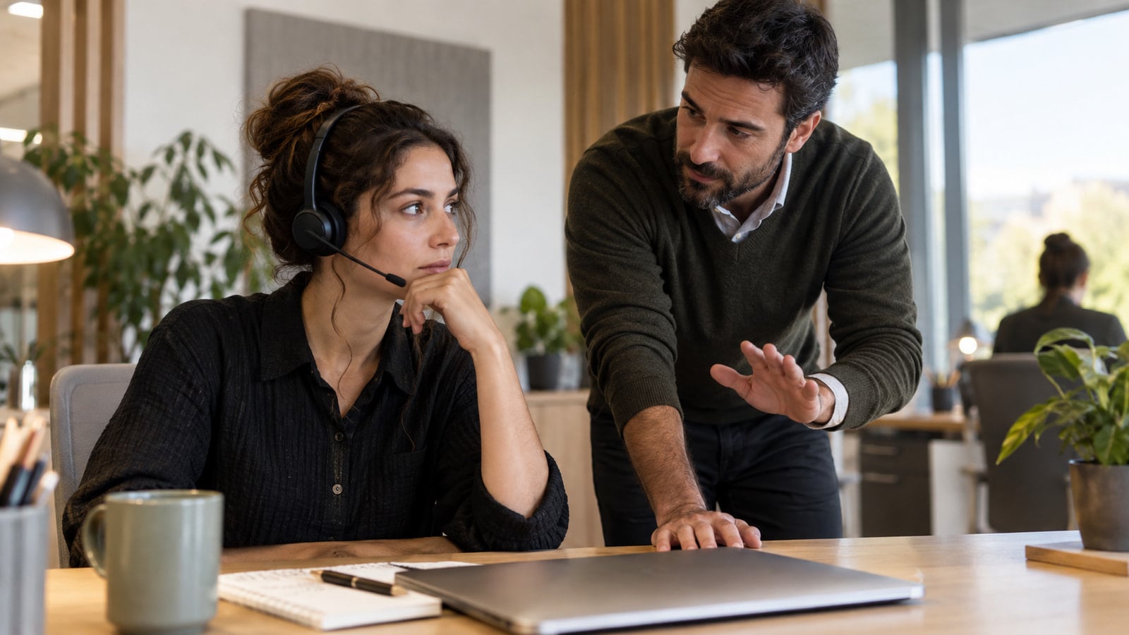 Επαγγελματίες customer support σε στιγμή ανθρώπινης εποπτείας συνομιλίας AI