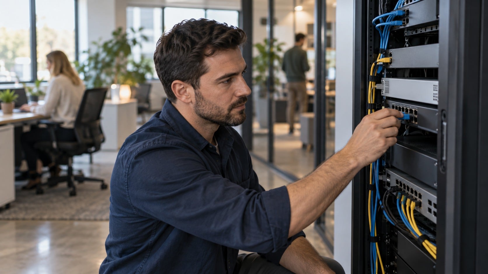 Τεχνικός ελέγχει εξοπλισμό δικτύου για cloud edge security